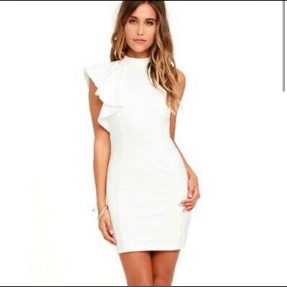 Lulu’s Au Revoir Ivory One Shoulder Dress.